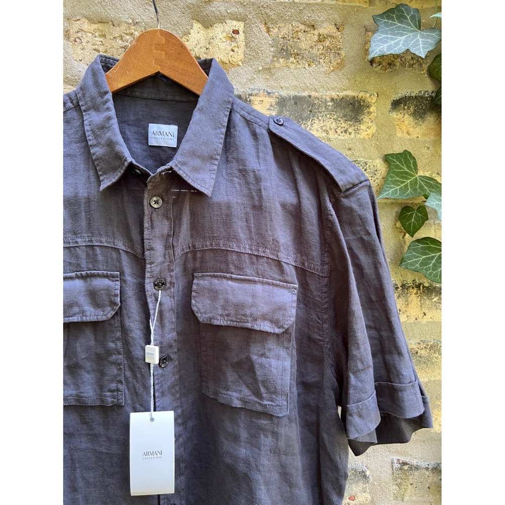Armani Collezioni Men's 100% Linen Utility Charcoal Gray Shirt Sz L NWT - Picture 4 of 7